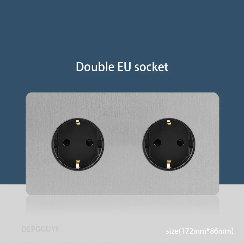Wall Light Toggle Retro Switch Panel 1-4 Gang 2 Way EU Silver Gray Brushed Stainless Steel Antique Switch Outlet with USB Chargi