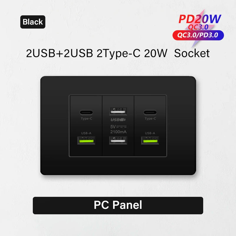 Korea Chile standard 20W Super Fast smart Charge Type C USB Port Power Wall Socket Plug,118*73mm Quick Charge electrical Outlet