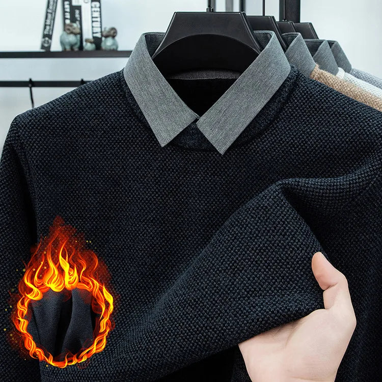 Men's Warm Two-Layer Sweatshirt with Sherpa Lining - Casual Autumn Winter Wear for Daily Outings Shirt Collar Pullover