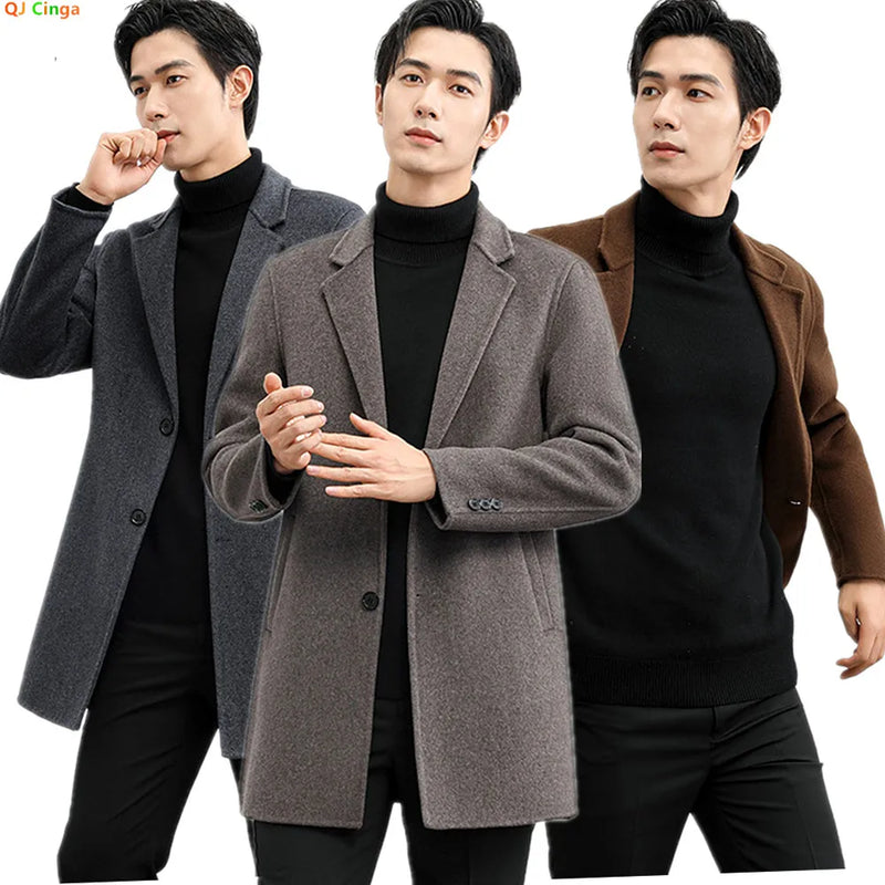 2026 New Winter Men's Camel Wool Coat, High-Quality Black Single-Button Long-Sleeve Jacket, Business/Office/Dinner Wear.
