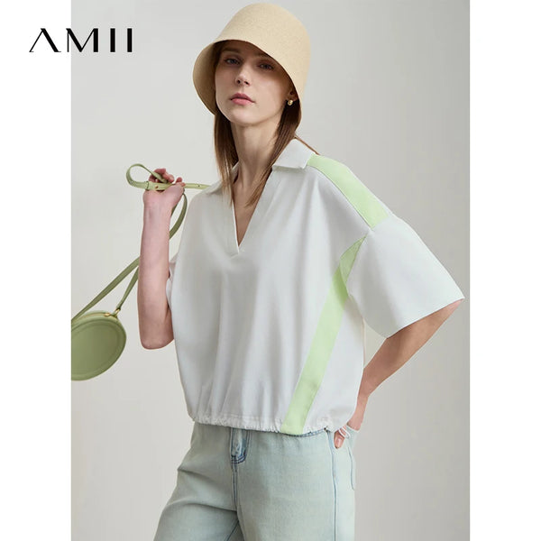អាវយឺតកប្បាស Amii Minimalist សម្រាប់ស្ត្រីឆ្នាំ ២០២៥ រដូវក្តៅថ្មី V-Neck Pullover រលុងខ្លីស្មាដៃអាវទាន់សម័យសម្រាប់ការធ្វើដំណើរ 12552001