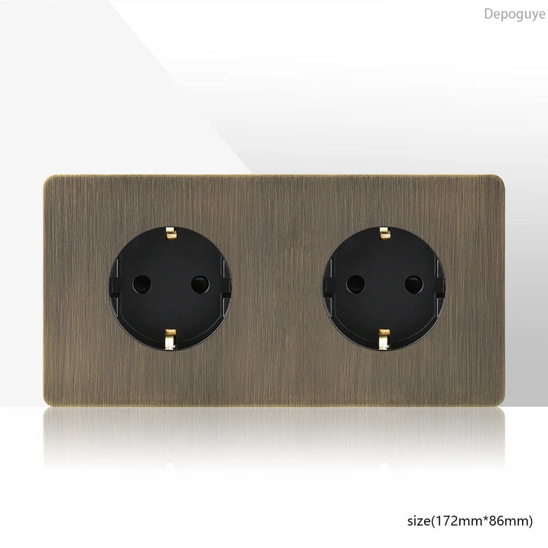 Retro Eu Metal Panel Wall Toggle Light Switch Socket,Bronzed Antique Stainless Steel German 16A Socket with USB Phone Charging
