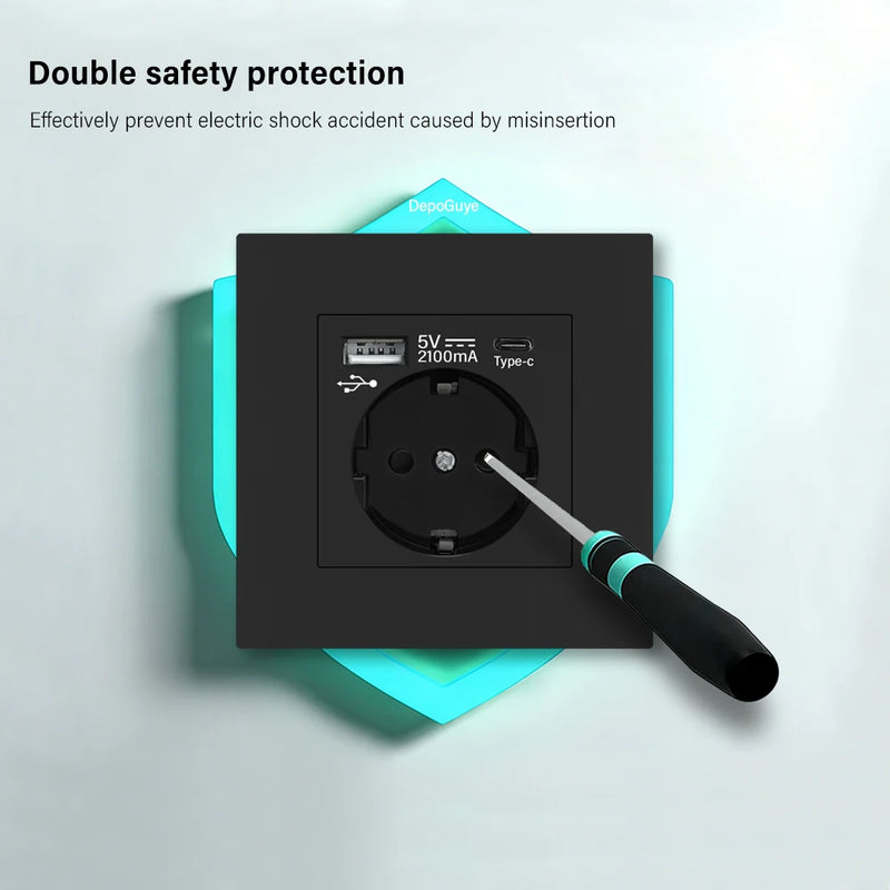 EU Standard Double USB Wall Power Socket,Electrical Socket Wall Plug with Type-c Usb Fast Charing Port 16A PC Panel Outlet 220V