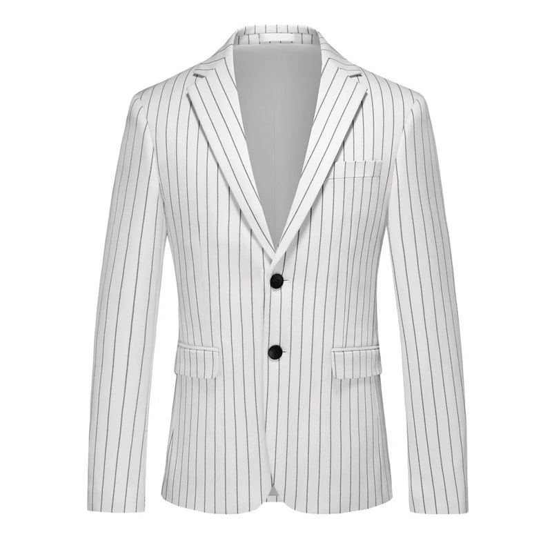 Men's Vertical-Striped Blazer, Perfect for Weddings, Parties, and The Office. Asian Sizes. White, Black, Blue, Gray, Red, Brown.