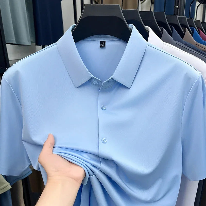 Men Short Sleeve Button Up Shirt Casual Ice Silk Business Formal Shirt Breathable Wrinkle Free Summer Top