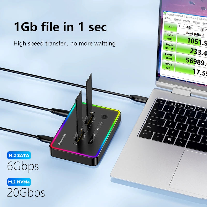 ប្រអប់ SSD M.2 ប្រភេទ SSD ប្រភេទ C 10Gbps សម្រាប់ភ្ជាប់ SSD ប្រភេទ PCIe NVMe ឬ SATA 2 Bay ដោយគ្មានអ៊ីនធឺណិត Blueendless