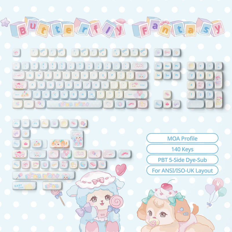 Akko Original Cute Theme MOG/MOA/MAO Profile PBT Keycap Set 5-side Dye-sub ANSI/ISO Layout Girl Keycaps Gift Round Bun Mushroom