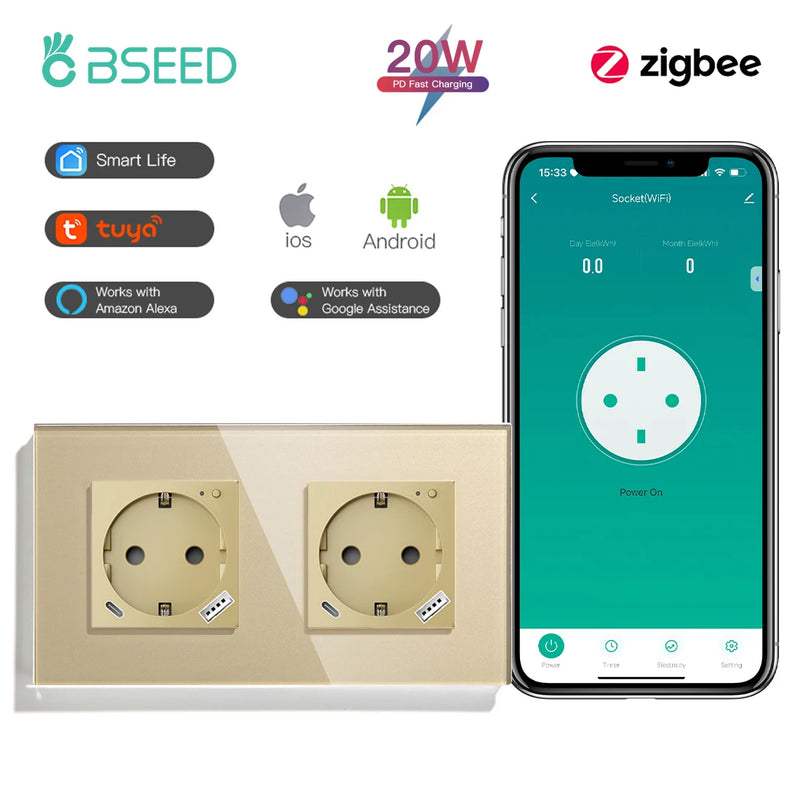 BSEED Zigbee Smart Socket 20W Fast Charge USB Type-C Phone Charge Port Glass Panel Tuya Google Home Alexa Control