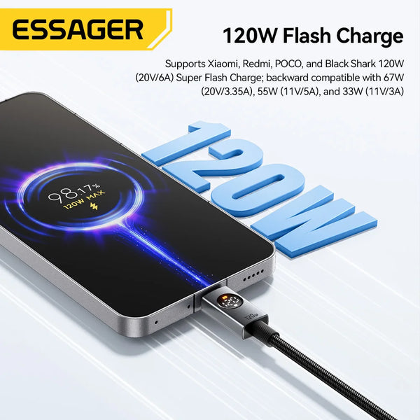 ខ្សែសាក Essager 120W USB Type C 6A សាកលឿនខ្លាំងសម្រាប់ Xiaomi 17 14 13 12 Pro Redmi K80 Note 14 POCO F7 USB A ទៅ Type C