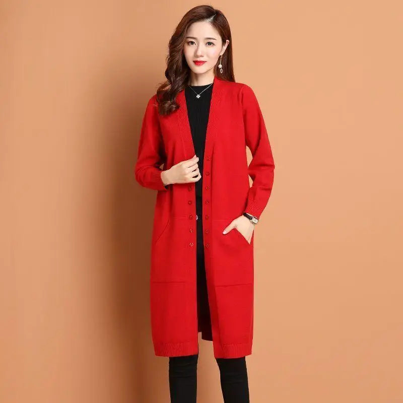 Long Cardigan For Women Buttons Loose Sweater Jacket Knitwear Woolen Coat Temperament Spring Autumn Female Knit Jumper Pocket