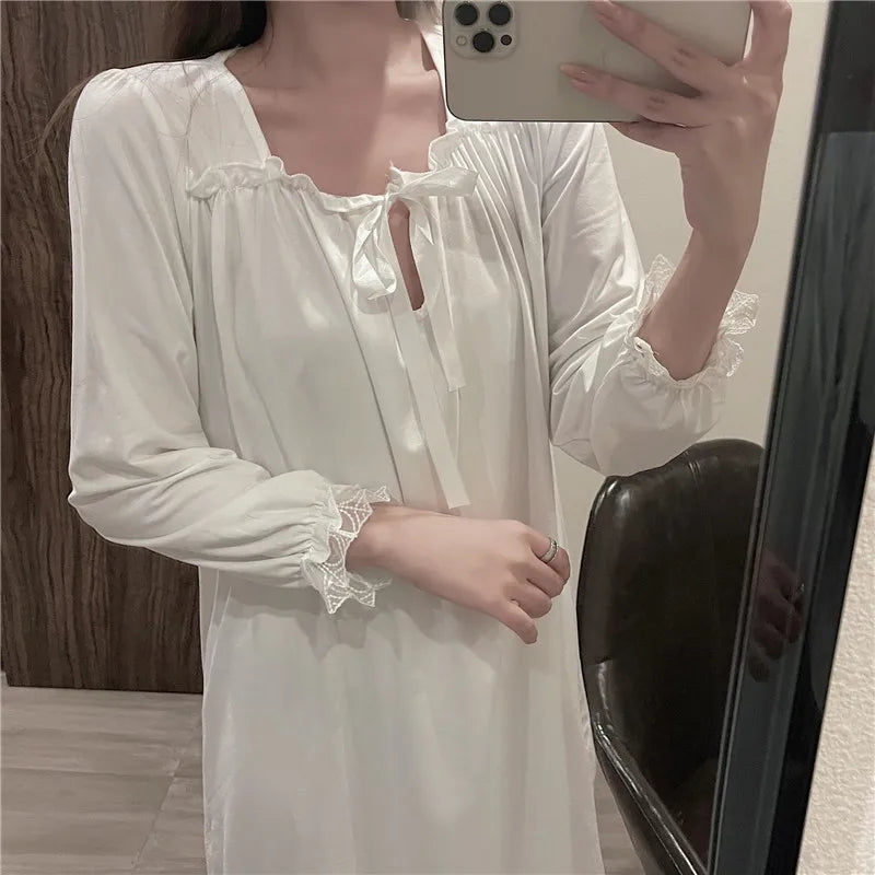 Fdfklak New Ins Palace Women's Sleep Dress Spring Autumn Long-Sleeve Nightgowns Princess Nightdress Comfortable Home Clothes