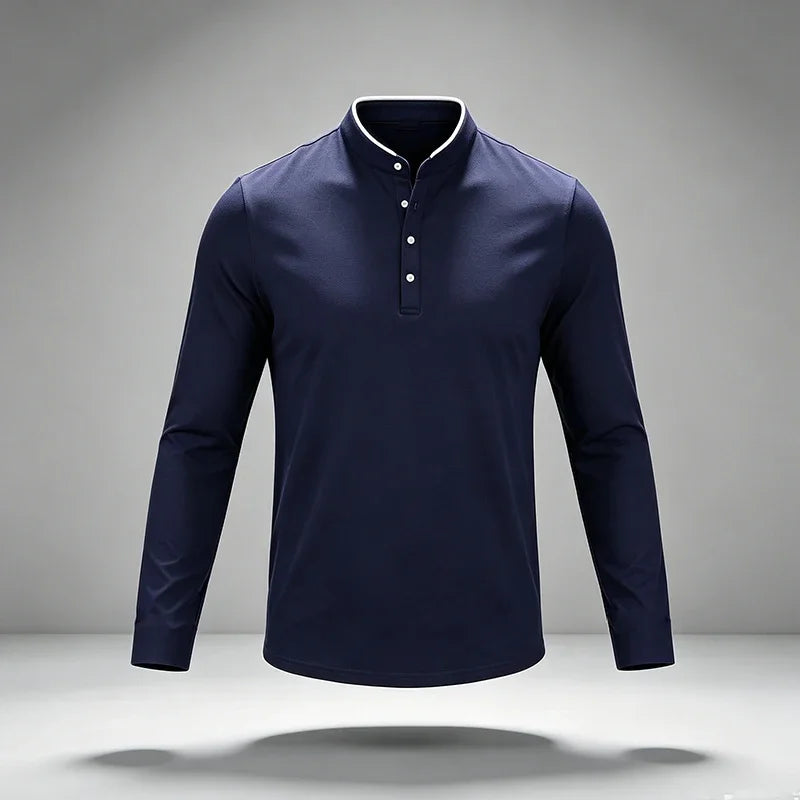 Mens Basic Mandarin Collar Long Sleeve Polo Top Button Design Contrast Neckline For Vacation Short Trip Leisure Scenarios