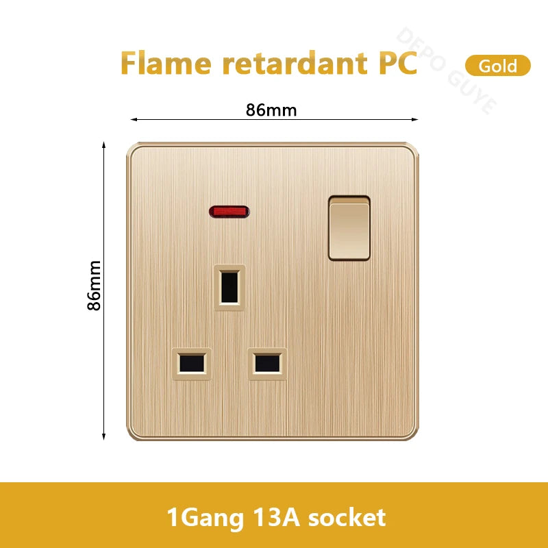 Gold Universal 3/5Pin Plastic Power Socket,UK Wall Outlet With 2.1A Dual USB Port,220V Electrical 2way Switch TV Computer CAT6