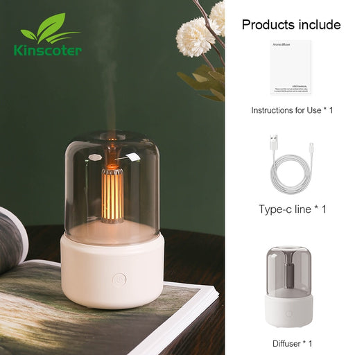 Candlelight Air Humidifier 120ml USB C Aromatherapy Essential Oil Aroma Diffuser with LED Ambient Light Filament Night Lamp White use 8-12 hours