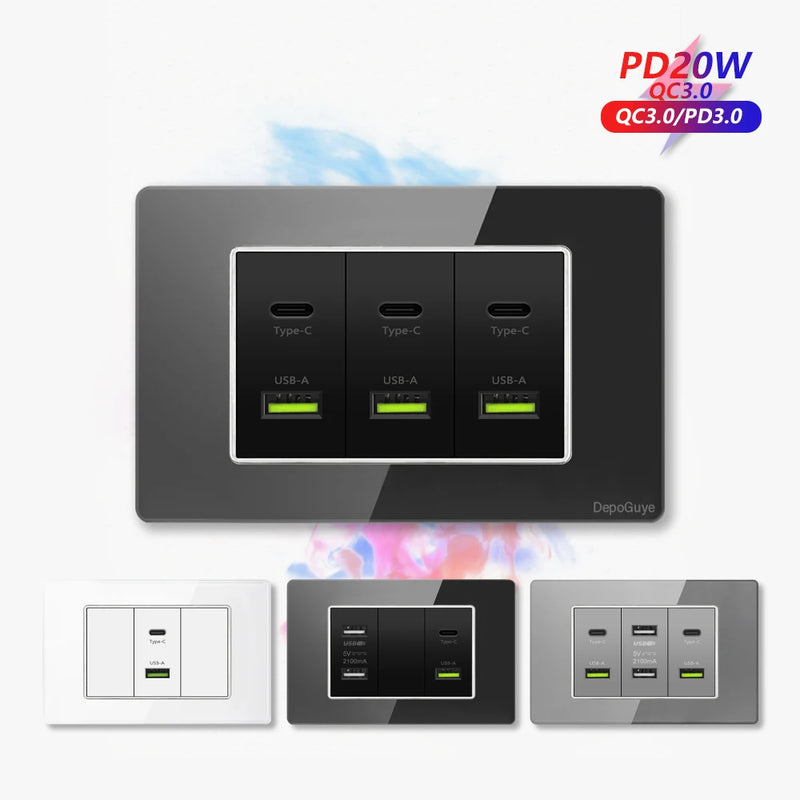 Type 118 White Black Grey Tempered Glass Wall Socket Panel 6 Charging port Triple USB Type C Wall Plug 3.1A 5V Outlet 118*75mm