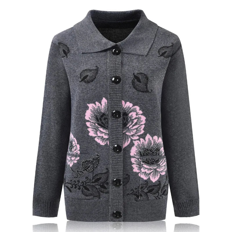 50-80 Years Old Spring Autumn Lapel Middle-Aged Elderly Mother Sweater Loose Embroidered Knitted Cardigan Top Women Jacket