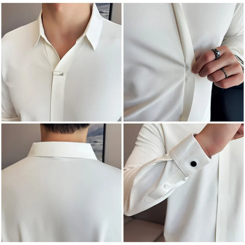 Men's Special V-neck Long-Sleeved Polo Shirt, High-Grade Elasticity Traceless Lapel T-shirt, Brown Blouse Collar Slim-Fit Top
