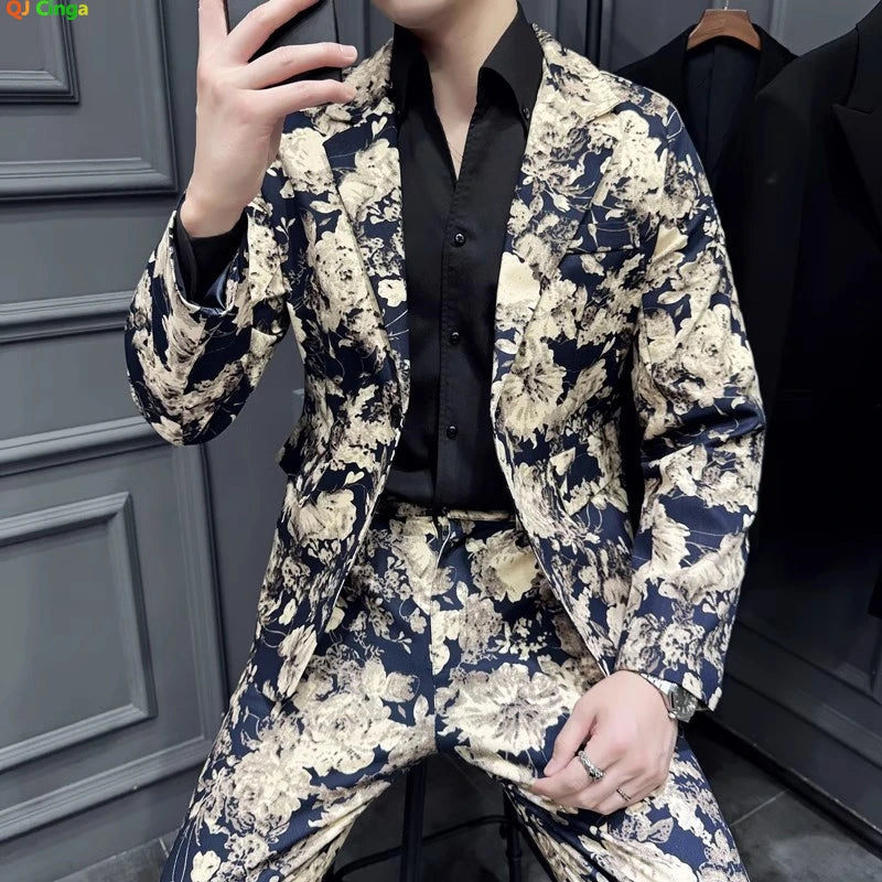2026 New Men's Blue Printed 2-Piece Suit, Red Single Button V-Collar Cotton Jacket with Trousers.