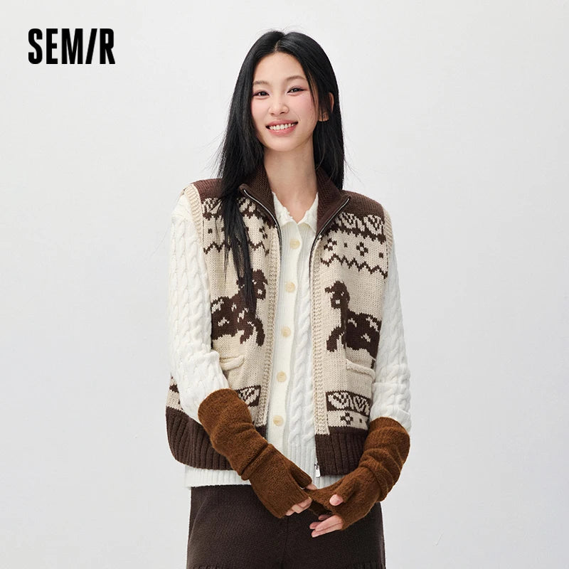 Semir Women Winter Vest Cropped Stand Collar Jacquard Loose Fit Layering Modern Style 2026 New Winter Daily Wear