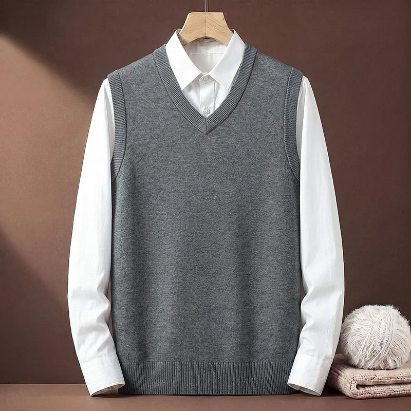 V Neck Sleeveless Plain Knit Vest For Men Soft Handfeel Knitwear Business Formal Sweater Tank Top Autumn Layering Clothes
