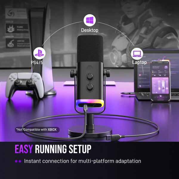 មីក្រូហ្វូនឌីណាមិក FIFINE USB/XLR ជាមួយការគ្រប់គ្រង RGB/រន្ធដោតកាស/បិទសំឡេង មីក្រូហ្វូនសម្រាប់ការថតហ្គេមកុំព្យូទ័រ ស្ទ្រីម AmpliGame-AM8