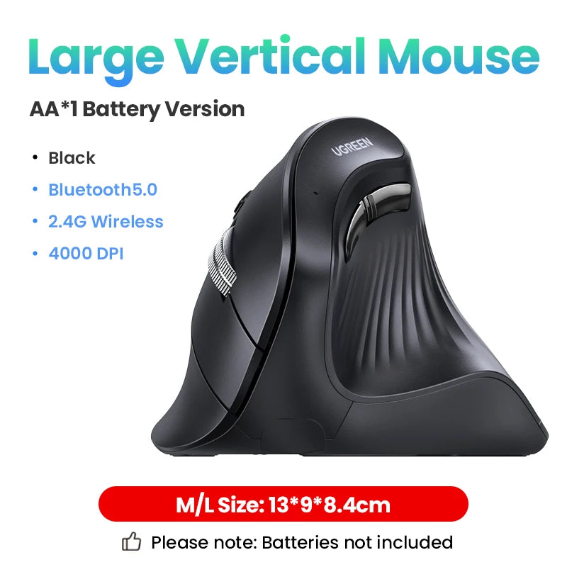 UGREEN Vertical Mouse Wireless Bluetooth5.0 2.4G Ergonomic 4000DPI 6 Mute Buttons for MacBook Tablet Laptops Computer PC Mice