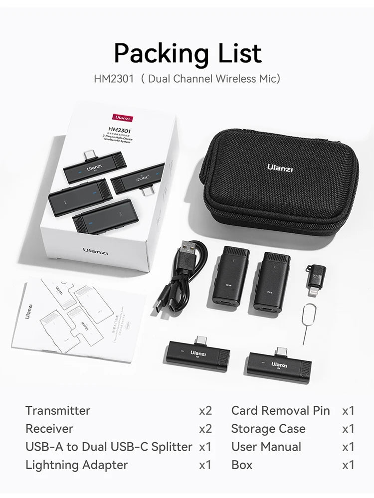មីក្រូហ្វូនឥតខ្សែ Ulanzi Dual Channel ដែលអាចថតសំឡេងបាន 98 ហ្វីត សម្រាប់ថតវីដេអូ Vlog លើស្មាតហ្វូន