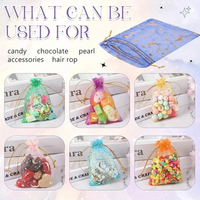 50PCS Moon Stars Drawstring Organza Bags Jewelry Gift Bags Pouches Gold Star Organza Favor Pouches for Christmas Wedding
