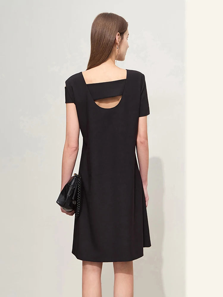 រ៉ូប Amii Minimalism ដៃខ្លីសម្រាប់ស្ត្រីឆ្នាំ ២០២៦ រដូវក្តៅថ្មី Asymmetric Straight Solid Chic រ៉ូបខ្លី A-Line ស្រី 12442073