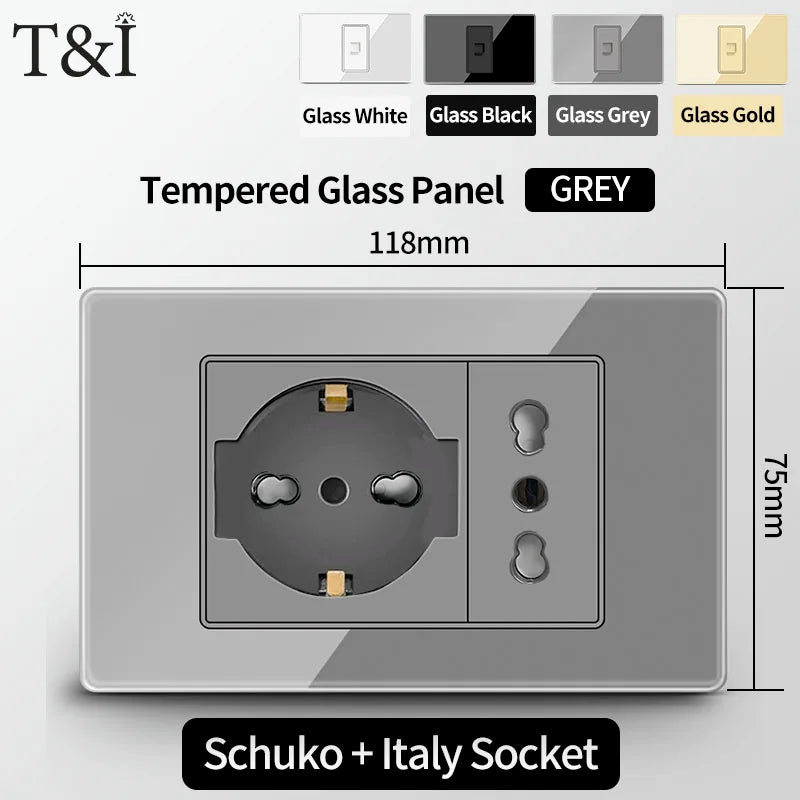 T&I Wall Switch Sockets With USB TypeC  Fast Charging, Italy Socket , Chile Schuko Outlet, Tempered Glass Panel for Home