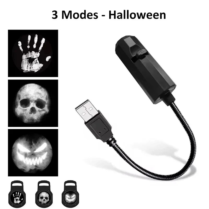 ភ្លើងបញ្ចាំង USB អាចបង្វិលបាន ចង្កៀងបញ្ចាំងរូបភាព Halloween Christmas Projector LED លលាដ៍ក្បាលខ្មោចល្ពៅ សម្រាប់ពិដានពិធីជប់លៀង