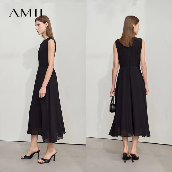 រ៉ូប Amii Minimalist ដៃខ្លីសម្រាប់នារីៗ រដូវក្តៅឆ្នាំ ២០២៦ រ៉ូបការិយាល័យថ្មី ក O ឆើតឆាយ ស្ដើង ផាសុកភាព រ៉ូប Midi ១២៥៥២០២៦