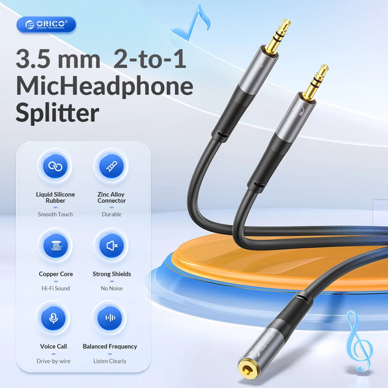 ORICO Headphone Splitter 3.5mm Audio Mic Cable Microphone Liquid Silicone Wire for PC Laptop Headsets Nintendo Switch Speaker