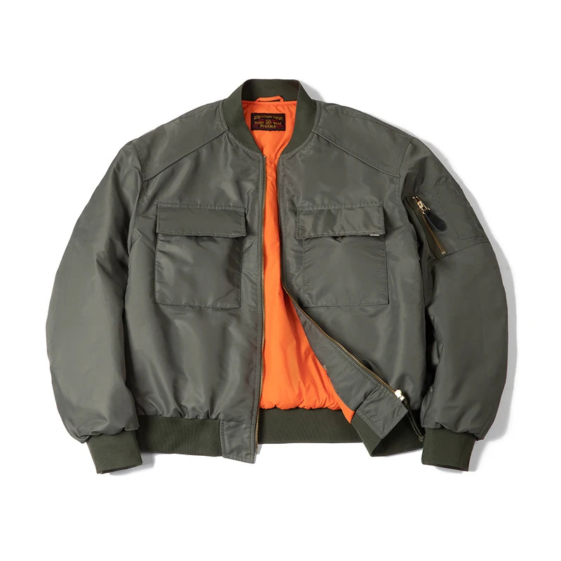 Maden Baseball Collar MA1 Bomber Jacket for Men Classical Orange Lining Double-pocket Coats Thickened Fall and Winter Jacket