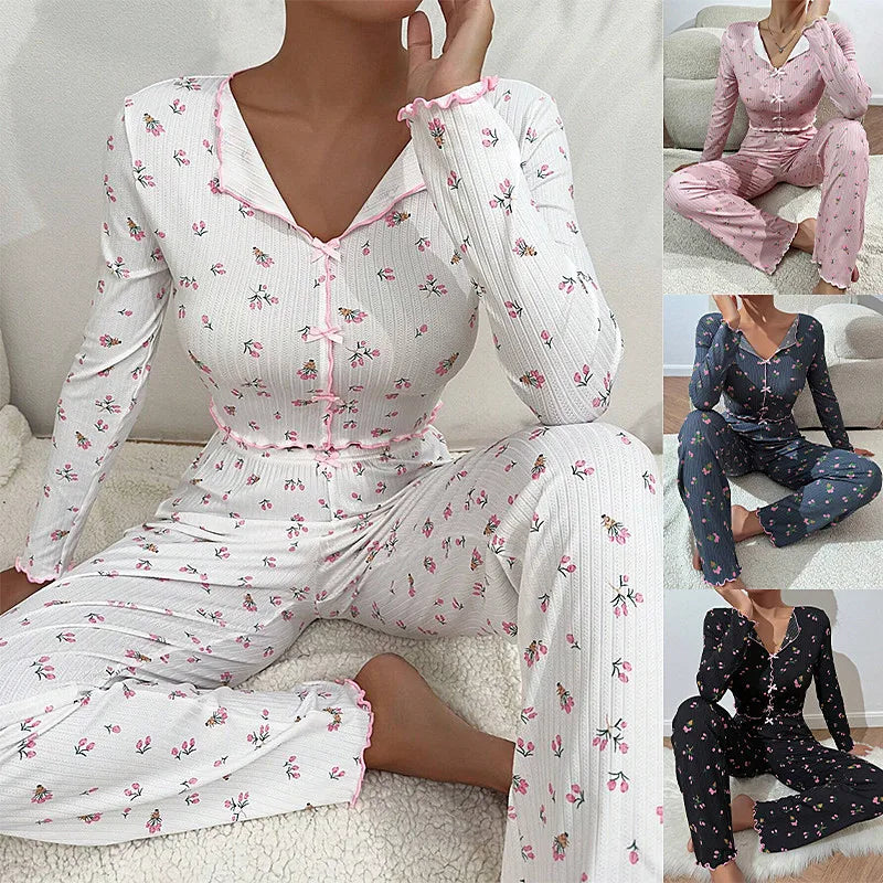 New Printed Floral Pajamas For Women Casual Long Sleeve Pant Sets Korean Spring Autumn Pyjama Suit Femme Pijamas De Mujer