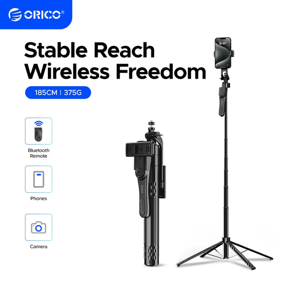 ORICO 73' Aluminum Portable Tripod Selfie Stick 4-Leg Base 360° Rotatable Handle Wireless Remote Stand for IPhone/Android/Camera