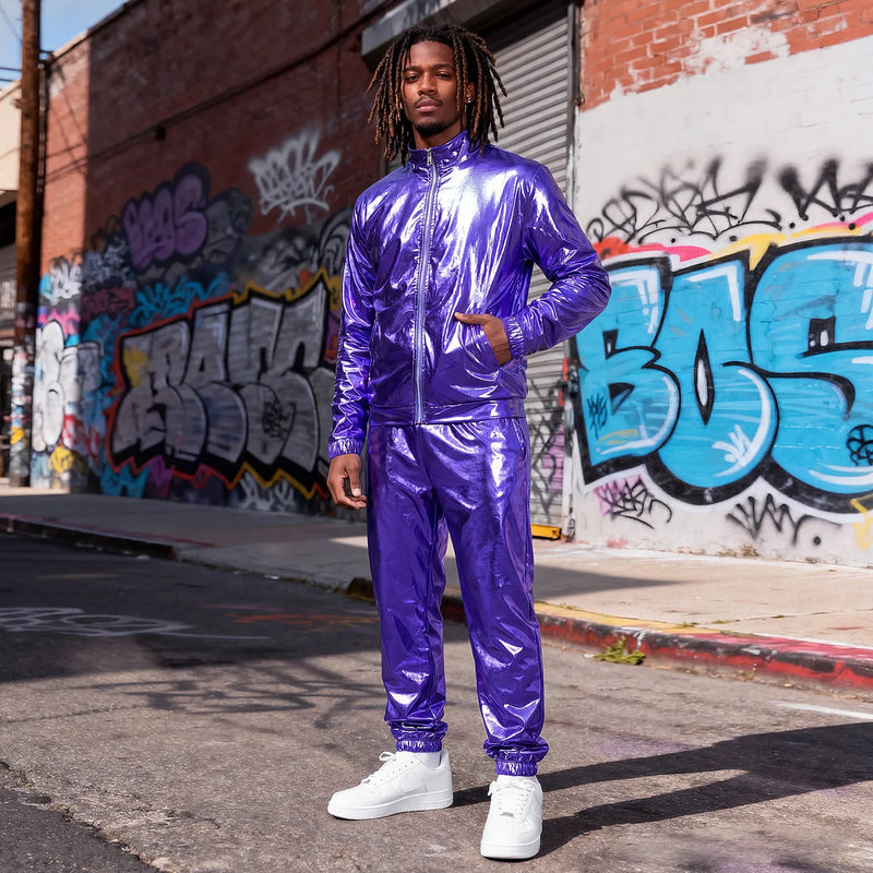 Lightweight Men's Silver Stand-up Collar Jacket Paired with Elastic Waist Pants, Gold Nightclub/Stage Performance Two-Piece Set.