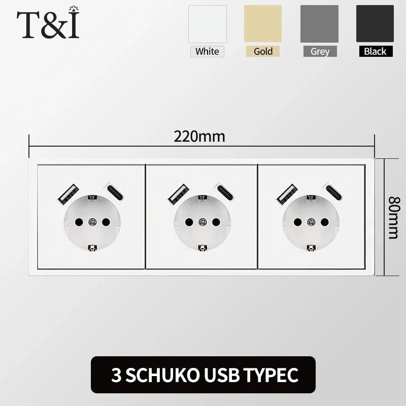 European Wall Socket EU Outlet, USB Type-C Charging Ports, 1/2 Gang Light Switch, 16A 250V, Flush Mount, White Panel, 80×80mm