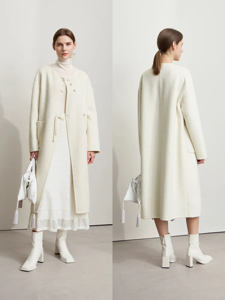 AMII Minimalist Neo-chinese Woolen Camel Wool Double Side Coat for Women 2026 Winter Round Neck Female Loose Outerwear 12444124