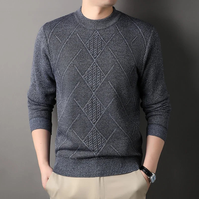 Stretch Crew Neck Male Knitted Pullover Embossed Diamond Pattern Fleece Lined Cold Proof Casual Long Sleeve Top