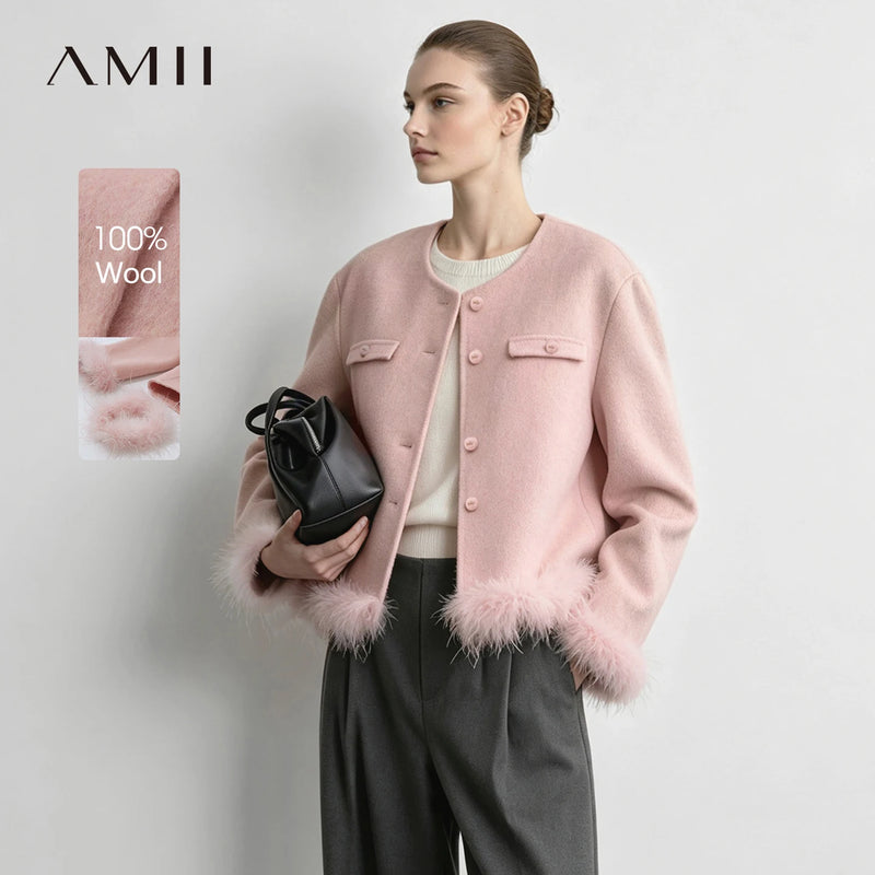 Amii Women's Double-Faced Wool Short Coat Removable Feather Trim Crew Neck Oversized Relaxed Fit Commuter Winter 2026 12614005