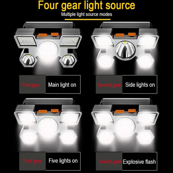ចង្កៀងមុខ LED 5 ដែលអាចសាកបាន ខ្លាំង ងាយស្រួលប្រើ នេសាទ បោះតង់ ភ្លើងពិល ស្រាល បរបាញ់ ឡើងភ្នំ ចង្កៀងមុខ