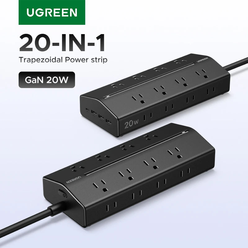 UGREEN 20W Power Strip Fast Charger 16 AC Outlets 1 USB-C 3 USB-A US Plug Extension Adapter For Tablet Phone Overload Protection