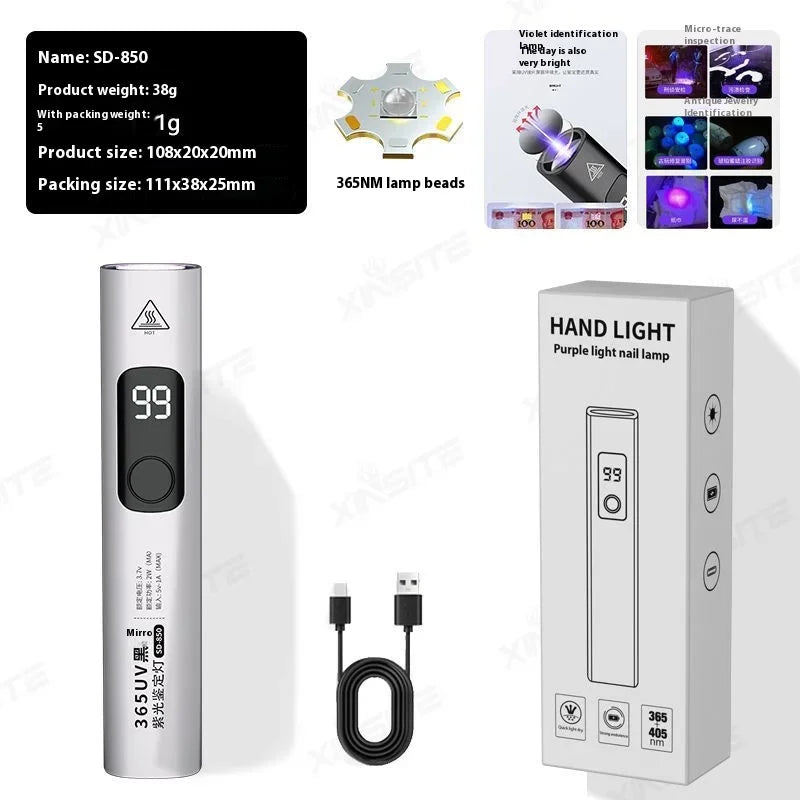 ចង្កៀងពន្លឺពណ៌ស្វាយ 365NM ការរកឃើញភ្នាក់ងារហ្វ្លុយអូរ៉េសង់ UV សាកថ្ម USB ពិលចង្កៀងផ្ទៀងផ្ទាត់រូបិយប័ណ្ណ
