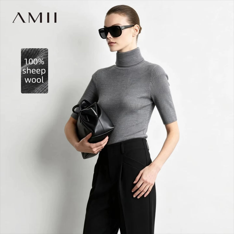 អាវយឺត Amii សម្រាប់នារី កអាវពាក់កណ្តាលដៃខ្លី ធ្វើពីរោមចៀម Merino ស្ដើង សាមញ្ញ ម៉ូដទាន់សម័យសម្រាប់នារី រដូវស្លឹកឈើជ្រុះ 12643053