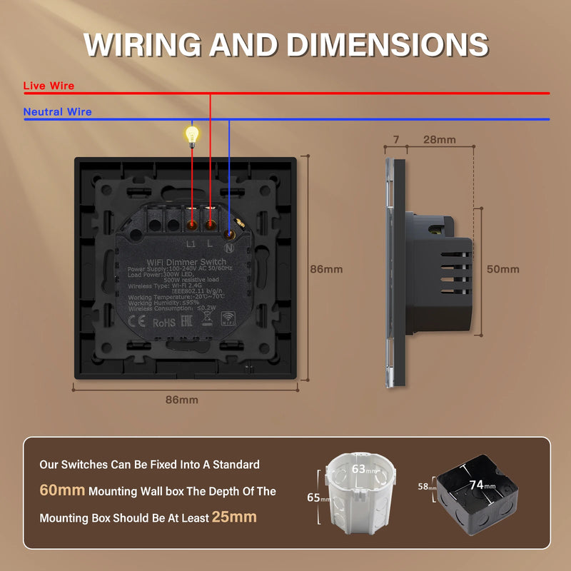 BSEED WIFI Dimmer Switch 1/2/3/4Gang Smart Click Button Switch Glass Panel White LED Indicator Tuya Smart Life Alexa Control