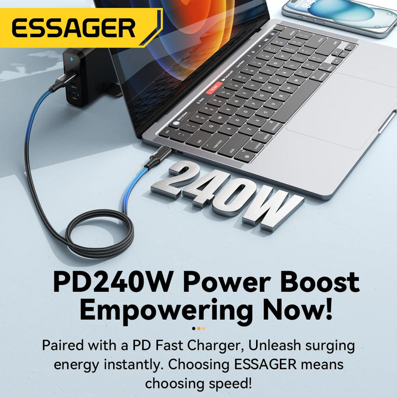 ខ្សែសាក Essager 240W USB Type C សម្រាប់ iPhone 15 Pro Max PD3.1 ខ្សែសាកប្រភេទ C លឿន 5A សម្រាប់កុំព្យូទ័រយួរដៃ Xiaomi Macbook Pro iPad