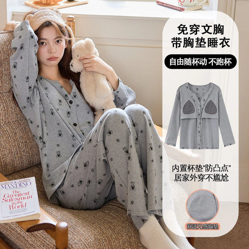 Korean Cotton Chest Pad Long Sleeve Top Trouser Sets Casual Home Suit For Women Spring Autumn Sleepwear Women's Pajamas