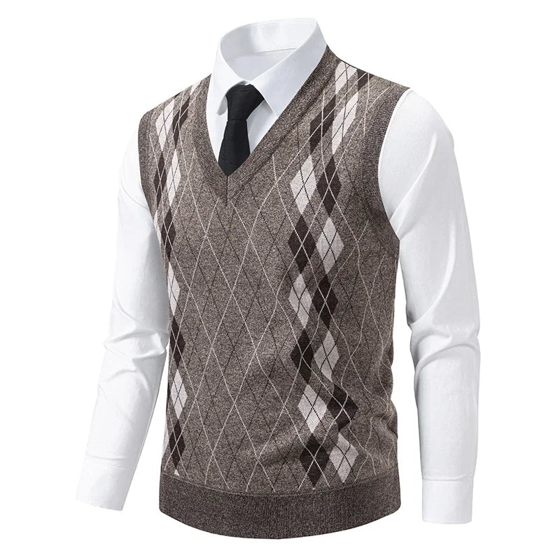 Men's V-Neck Knitted Sweater Diamond Grid Twisted Flower Casual Fashion Top for Autumn Winter Versatile Knitwear