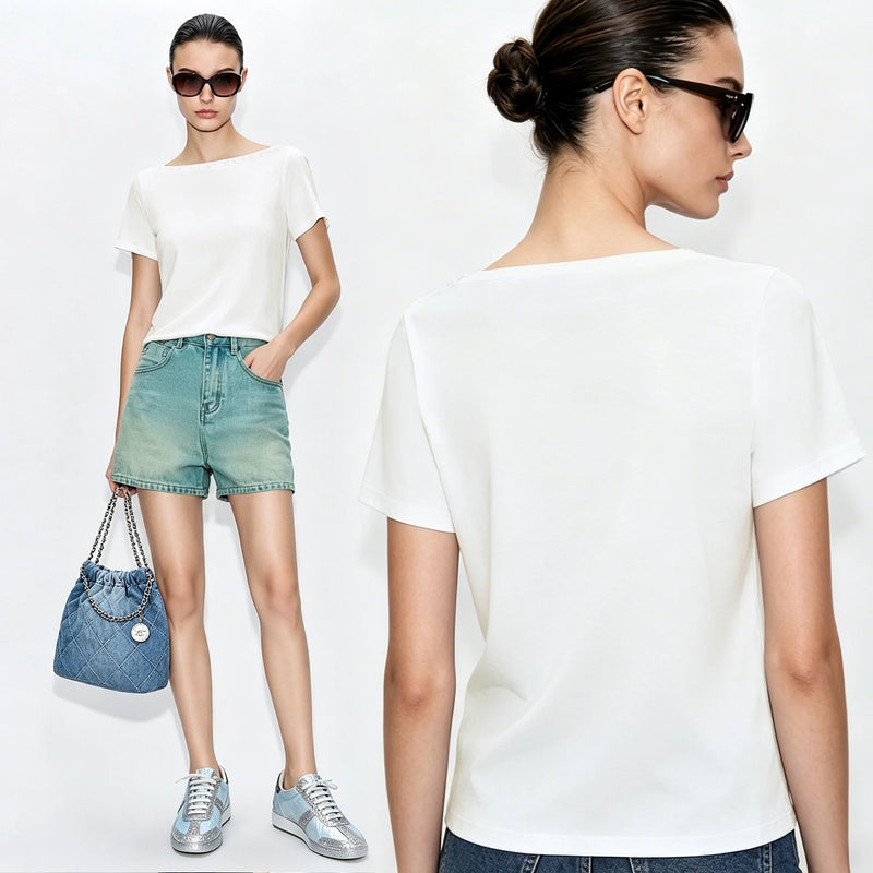 Amii Off Shoulder Women's T-Shirt 2026 Summer New Short Sleeve Stretch Cotton Tee Casual Solid Versatile Top For Women 12612008